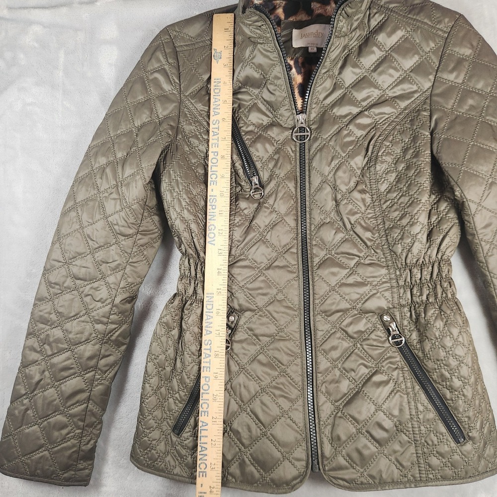 Laundry Shelli Segal Quilted Jacket Olive Green Leopard Lining Womens Sz XS Zips - Picture 3 of 6